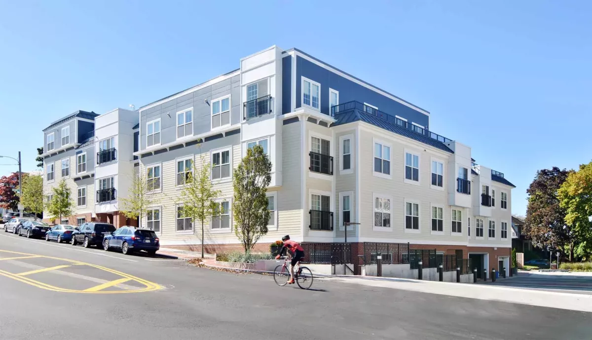 Exterior and street view of The Bradford at Belmont