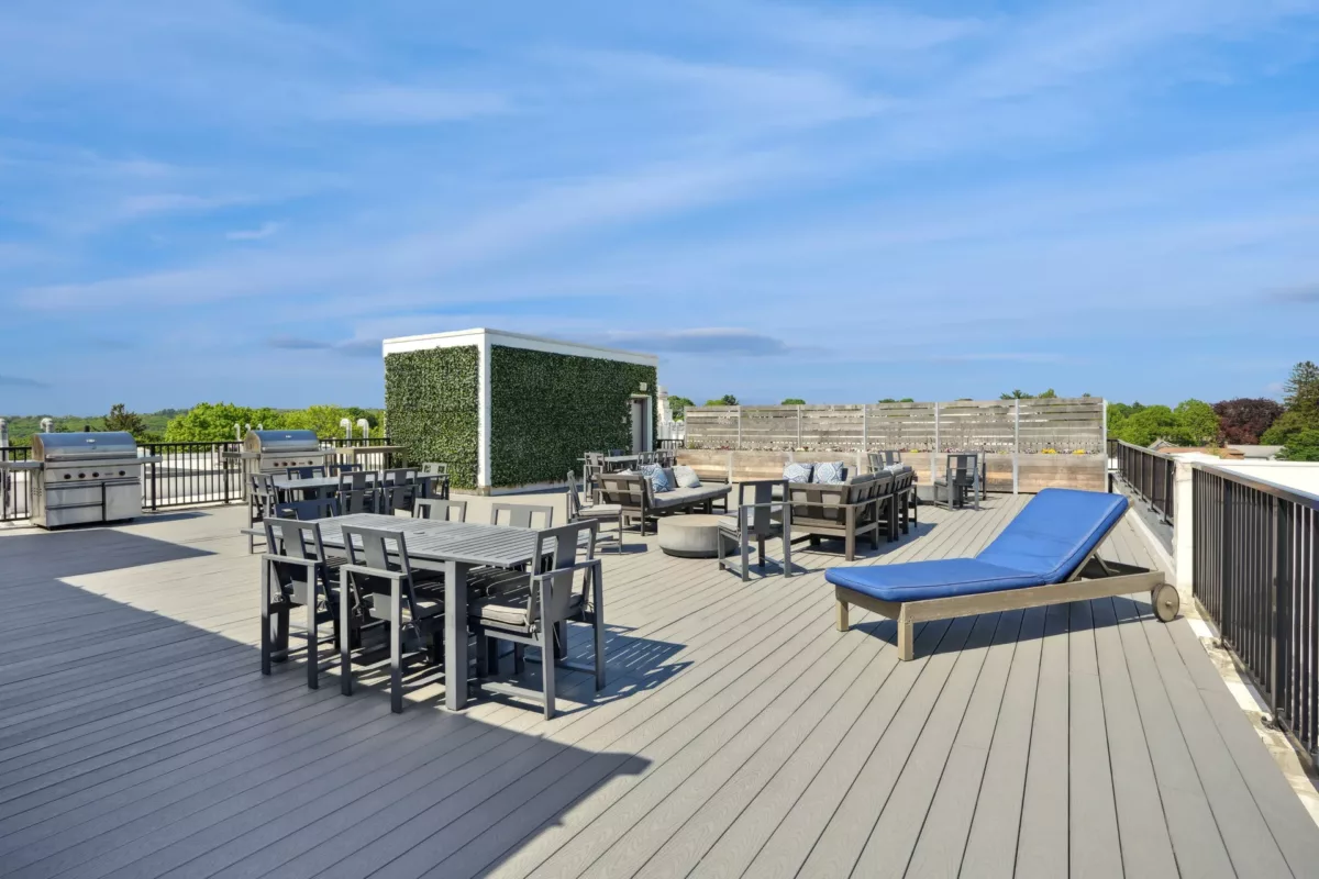 Rooftop deck with dining tables, grills, lounge chairs, and planters.