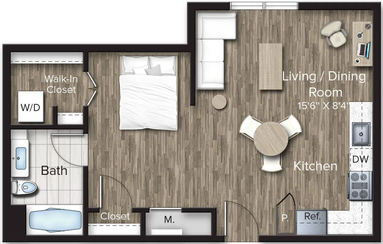 Rendering of the Studio-S4 floor plan with a Studio bedroom and 1 bathroom[s] at The Bradford