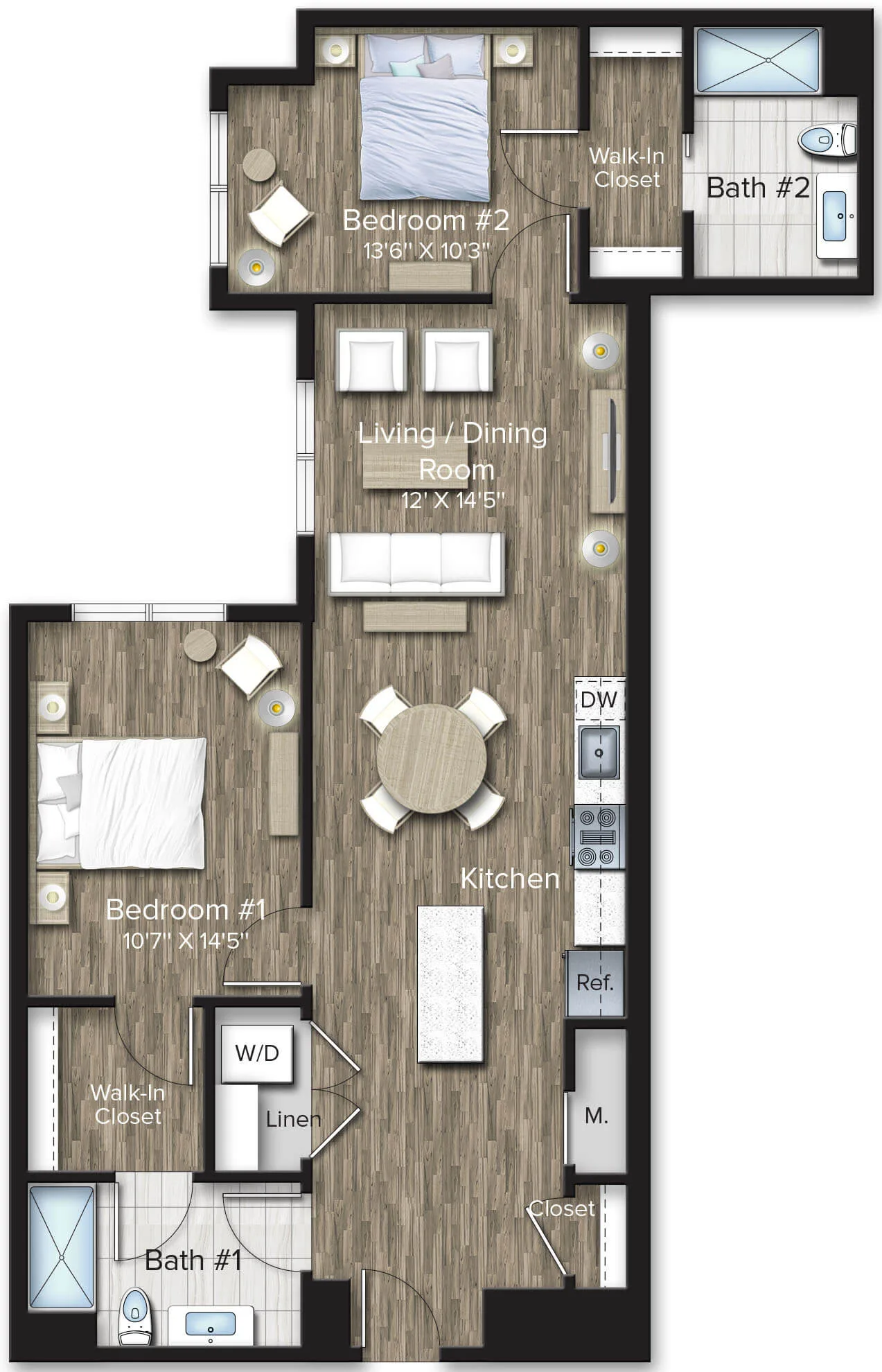 Rendering of the 2 Bed/2 Bath-B7 floor plan with 2 bedroom[s] and 2 bathroom[s] at The Bradford