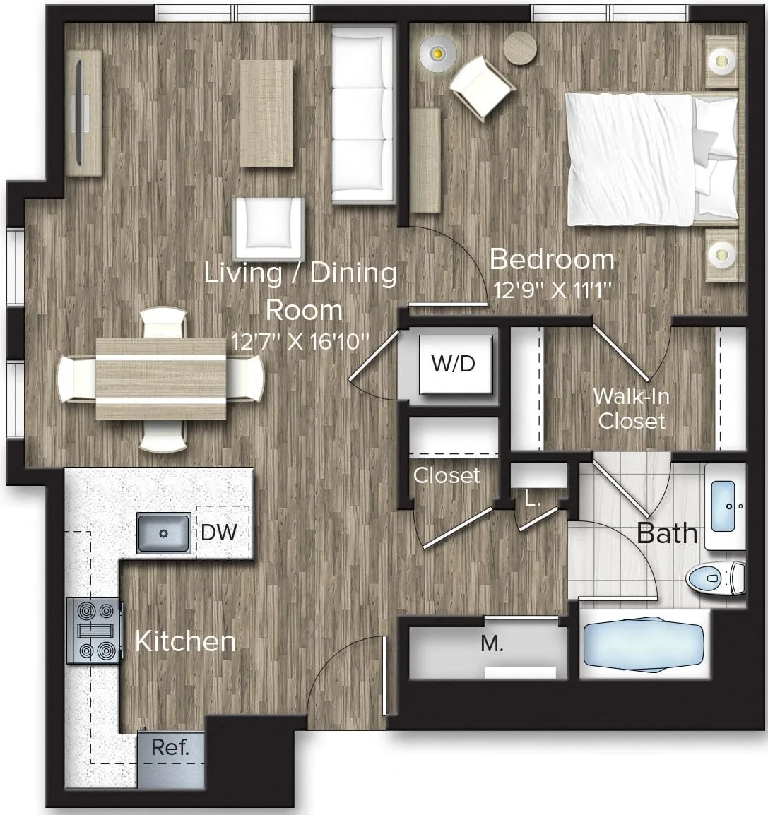 Rendering of the 1 Bed/1 Bath-A10 floor plan with 1 bedroom[s] and 1 bathroom[s] at The Bradford