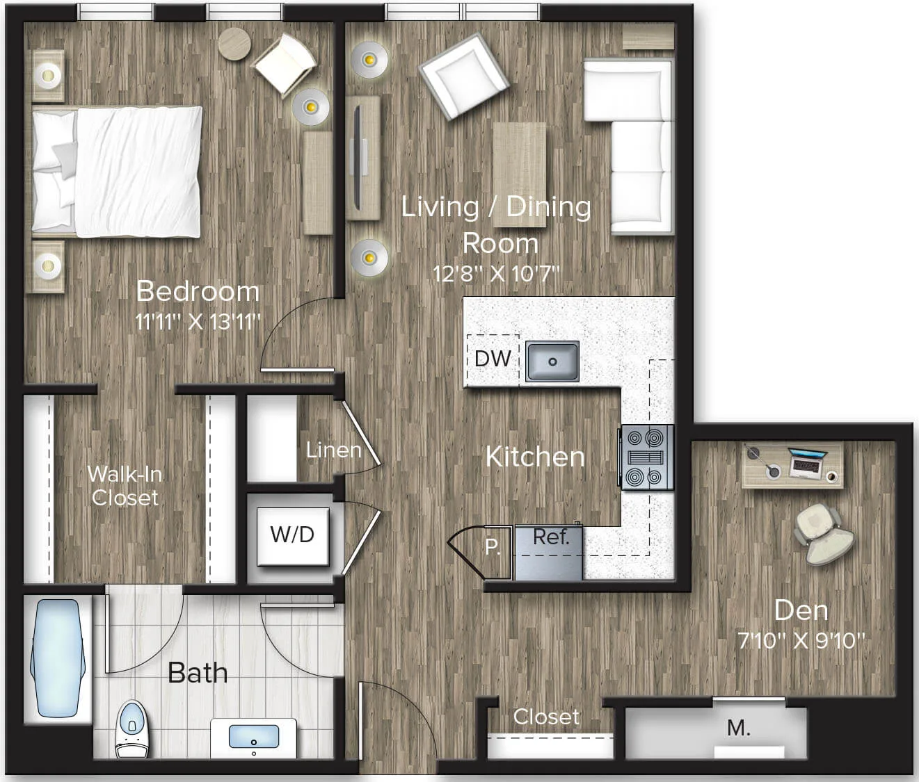 Rendering of the 1 Bed/1 Bath Den-AD8 floor plan with 1 bedroom[s] and 1 bathroom[s] at The Bradford
